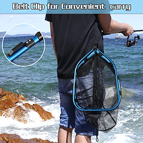 PLUSINNO Floating Fishing Net for Steelhead, Salmon, Fly, Kayak, Catfish, Bass, Trout Fishing, Rubber Coated Foldable Landing Net with Fixed or Telescoping Pole Handle, Fishing Gear and Gifts for Men - color: 11.8"/30cm Hoop Size 1.0M Blue Pole (Telescopi