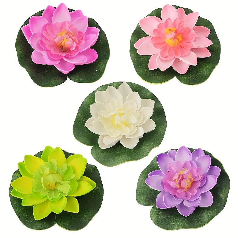5pcs Floating Foam Lotus Flowers with Lily Pads, Artificial Pond Plants Ornaments for Pool Aquarium Water Decoration, Colorful