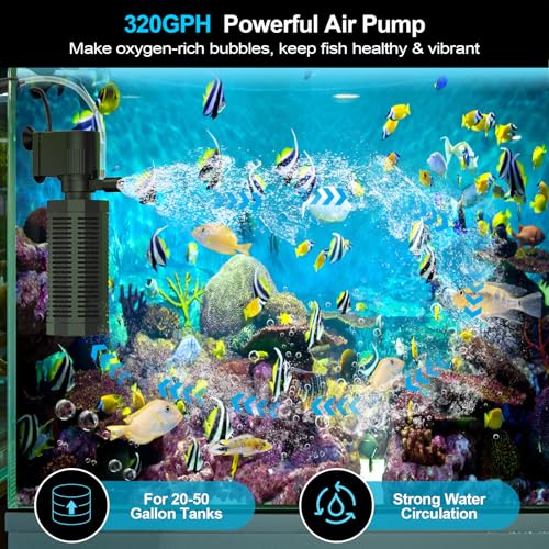 Aquarium Internal Filter for 20-50 Gallons, Ultra-Quiet Fish Tank Filter Biochemical Filtration 320GPH Powerful Pump Submersible Aquarium Filter Tank Clear Air Supply (13W Filter) - size: 13W Filter