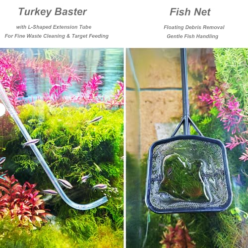 Aquarium Siphon Vacuum Cleaner Kit with Dual Vacuum Tubes, Brush Head, Turkey Baster and Fish Net, Gravel & Sand Cleaner, Aquarium Gravel Vacuum for Water Change and Debris Removal