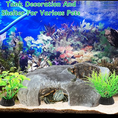 Axolotl Tank Accessories - Aquarium Tortoise Hideout, Hides and Fake Water Plants Set, Cave Plastic Tree, Turtle Hideout, Fish Tank Decor (Stone, M) - color: Stone