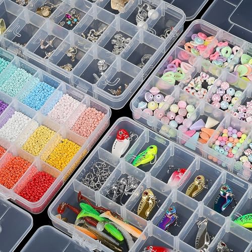 CGCG 3 Pack 7.9 x 5.8 inch Plastic Organizer Box with Adjustable Dividers 18 Grids Clear multi Compartment Storage Container Small Case for Beads Crafts Jewelry Fishing Tackles nail charm sticker