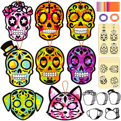 Renbuzhu 36PCS Dia De Los Muertos Crafts Bulk: Sugar Skull Paper Suncatchers DIY Kit for Day of The Dead Halloween Party Activities Decorations, Window Stained Glass Effect Art Supplies - style: dia de los muertos