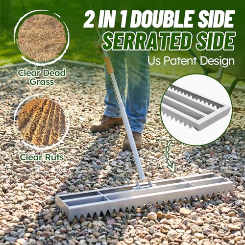 Lawn Leveling Rake, 2-in-1 Double-Sided Landscape Leveler with 20 Marking Flags for Low Spot, 30"×10" Heavy Duty Stainless Steel Flat & Serrated Side for Soil Sand Gravel, Yard Garden Golf Course - style: 30"×10“