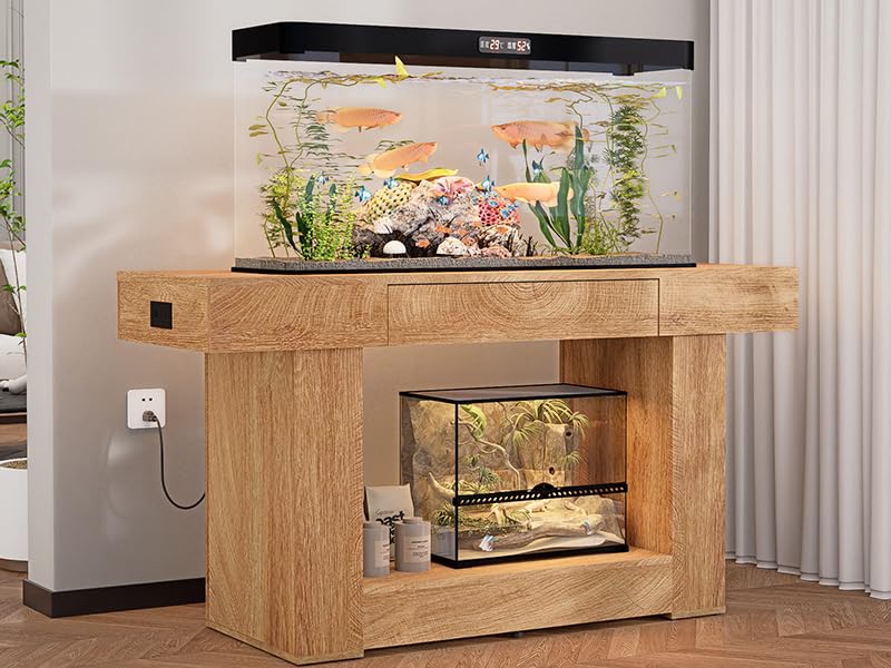 55–75/90 Gallon Aquarium Stand, 48 Inch Fish Tank Stand with Power Outlets & USB Ports, Heavy Duty Double Aquarium Stand for Turtle Reptile Terrarium, Farmhouse Tank Stand, Natural Wood - color: Natural