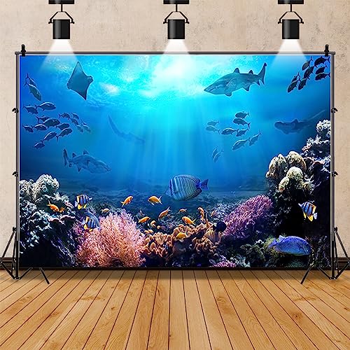 AOFOTO 10x7ft Underwater World Backdrop for Photography Aquarium Seabed Rocks Lights Coral and Fishes Tropical Ocean Scene Under The Sea Background Kids Party Decoration Banner Photobooth Props - size: 10x7ft