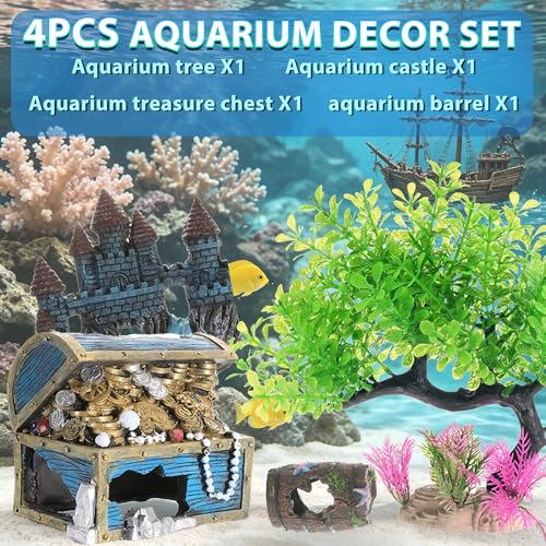 Aquarium Decorations Set with Treasure Chest, Castle, Resin Barrels and Bonsai Tree, Fish Tank Ornaments, Fish Shrimp Cave Hide for Fish Tank