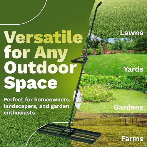 Lawn Leveling Rake 30x10 inch, Anti Flip - Heavy Duty Leveling Tool, Steel Handle, and Rake Head– Includes Gloves, Planting Mat, and Garden Shears – Yard Leveler for Lawn Garden, Soil, Sand, and Grass