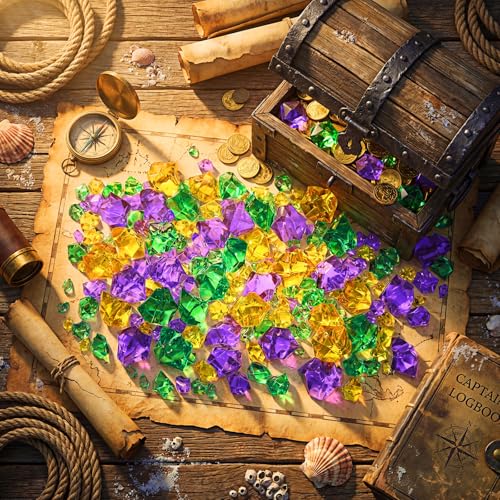 Syhood 570 Pcs 5 Sizes Yellow Green and Purple Fake Crushed Ice Rocks Acrylic Crystal Gems Plastic Diamonds Marble for Vase Fillers Table Scatter Room Mardi Gras Carnival St. Patrick's Day Decoration - color: Yellow, Green and Purple