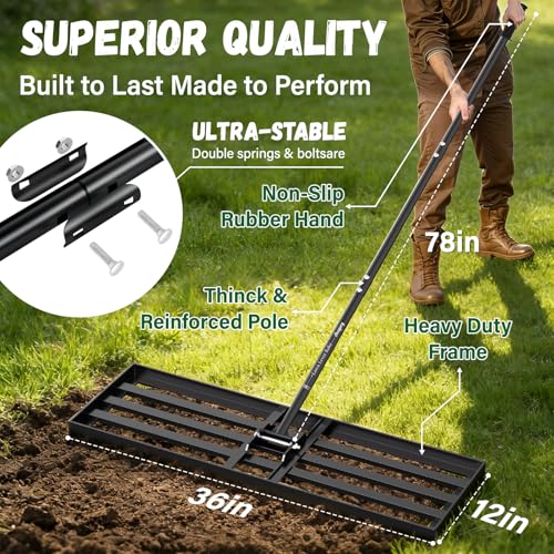 Lawn Leveling Rake 36X12 inch,Lawn Leveler with 78" Long Handle,Heavy Duty Ground Leveler for Yard,Sand,Dirt,Golf and Farm,Effort Saving Lawn Leveling Tool,Landscape Leveling Rake - size: 36x12in