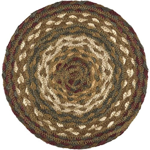 VHC Brands Tea Cabin Jute 8 inch Trivet Log Cabin Country Rustic Lodge Kitchen Tabletop Design, Moss Green and Deep Red - size: 8" Trivet