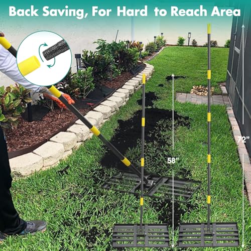 Lawn Leveling Rake,30x10 Inch Ground Plate,72 Inch Adjustable Long Handle Yard Level Tool with Curved Edge,Heavy Duty Large Landscaping Lawn Leveler for Grass, Golf Field, Soil Sand Dirt Spreader - size: 30"x10", 80"