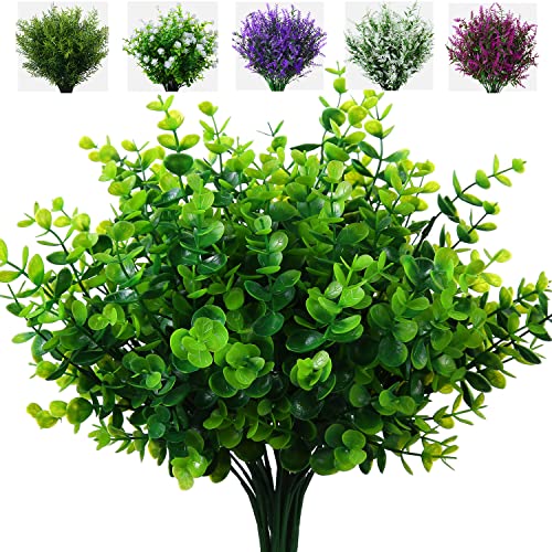 XLFAQXM Artificial Plants Flowers Grass Shrubs 8 Pack No Fade Faux Plastic Flowers Outdoor for Farmhouse Garden Porch Patio Indoor Wedding Decoration Greenery Fake Plants uv Resistant (1#Green) - color: 1#green