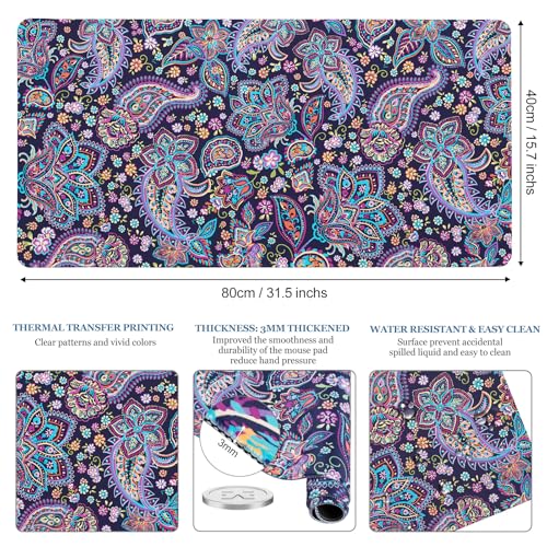 Mouse Pad Paisley Floral, Desk Mat for Desktop, Boho Flowers Desk Pad Extended XXL Large Gaming Mouse pad Anti-Slip with Stitched Edges Waterproof Computer Laptop Keyboard Desk Mat for Women Girls - color: Paisley Floral, size: 31.5" x 15.7"