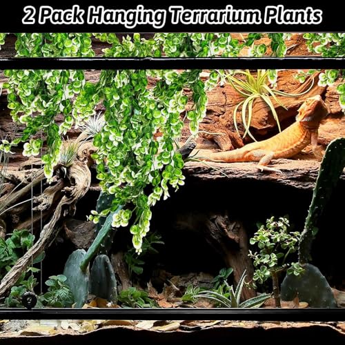 Hanging Fake Plants for Reptiles, 2 Pack Fake Reptile Plants for Reptiles Tank with Suction Cup, Reptile Plants Jungle Hanging Vines for Bearded Dragon Tank (Green and White)