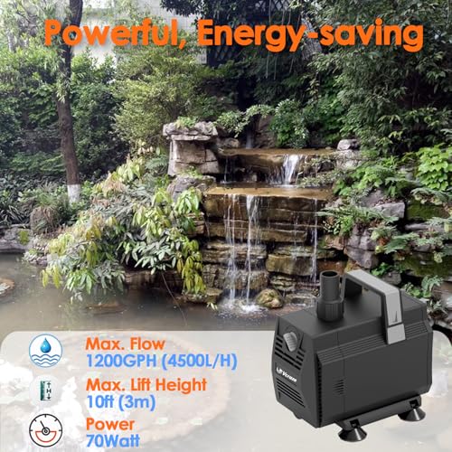 Submersible Water Pump 1200GPH/70W Fountain Pumps with Flow Control, Pond Pump Submersible Outdoor with 10ft 3-Core Power cable for Hydroponics, Aquarium, Waterfall, Statuary, Water feature - size: 1200GPH