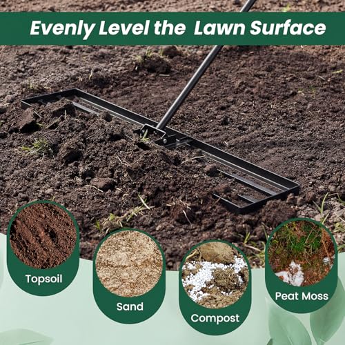 Goplus Lawn Leveling Rake, 42" x 10" Heavy Duty Level Lawn Tool w/ Ergonomic Handle for Soil, Effort-Saving Landscape Rake for Garden, Backyard, Golf Course, Farm, Pasture, Black - style: 42" x 10", Black