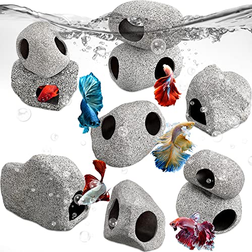 Lyrow 10 Pieces Aquarium Hideaway Rock Cave Stackable Fish Tank Decorations for Aquatic Pets to Breed, Play and Rest, Ceramic Shelters for Small Fish, Betta Cave Shrimp Habitat, Breeding Tube (Rustic)