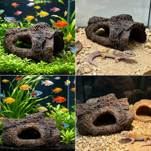 Aquarium Decoration Cave Resin Hollow Tree Trunk Log Terrarium Ornament Fish Tank Hideout for Betta Cichlid Shrimp Small Reptile Gecko