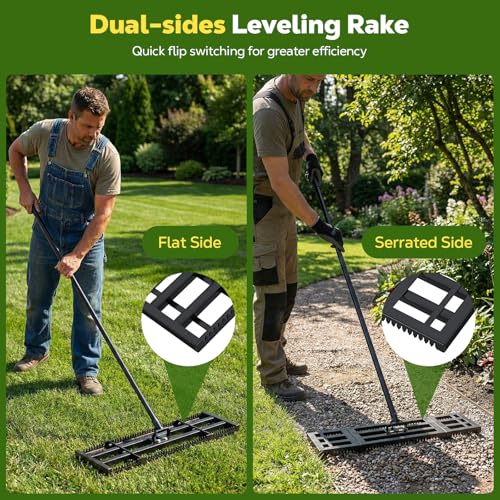 Roylvan Lawn Leveling Rake, 2-in-1 Double Side Lawn Leveler Tool with 32x10in Ground Plate & Adjustable 78in Handle, Heavy Duty Carbon Steel Landscape Leveler for Grass Yard Garden Soil Sand Gravel