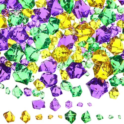 Syhood 570 Pcs 5 Sizes Yellow Green and Purple Fake Crushed Ice Rocks Acrylic Crystal Gems Plastic Diamonds Marble for Vase Fillers Table Scatter Room Mardi Gras Carnival St. Patrick's Day Decoration - color: Yellow, Green and Purple