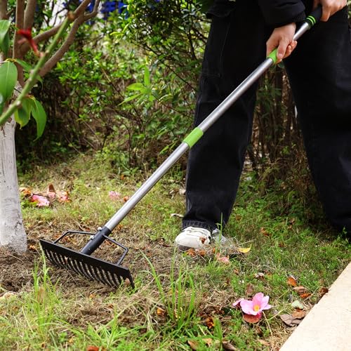 WORKPRO 65 Inch Bow Rake, 17 Tines Metal Head Rakes with High Strength Handle, Heavy Duty Garden Rake with Adjustable Handle for for Loosening Soil, Gathering Leaf, Leveling Lawn, Farming Land
