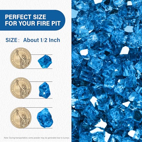 NUPICK 10 Pound Fire Glass, 1/2 Inch Reflective Fire Pit Glass, Tempered Firepit Glass Rock for Propane or Natural Gas, Glass Rocks for Fire Pit Table or Fireplace, Pacific Blue Reflective - color: Pacific Blue Reflective, size: 10 Pound (1/2")