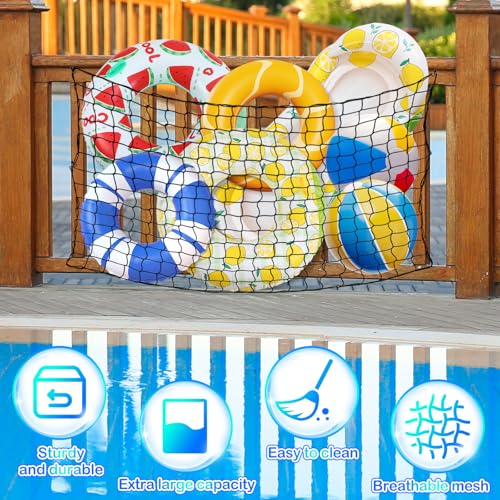 SATINIOR 83 x 60 Inch Pool Float Storage Organizer, Extra Large Hanging Elastic Mesh Fence Net with 20 Hooks & Cable Ties Swim Poolside Toys Holder for Inflatable Balls Noodles Accessories(Black)