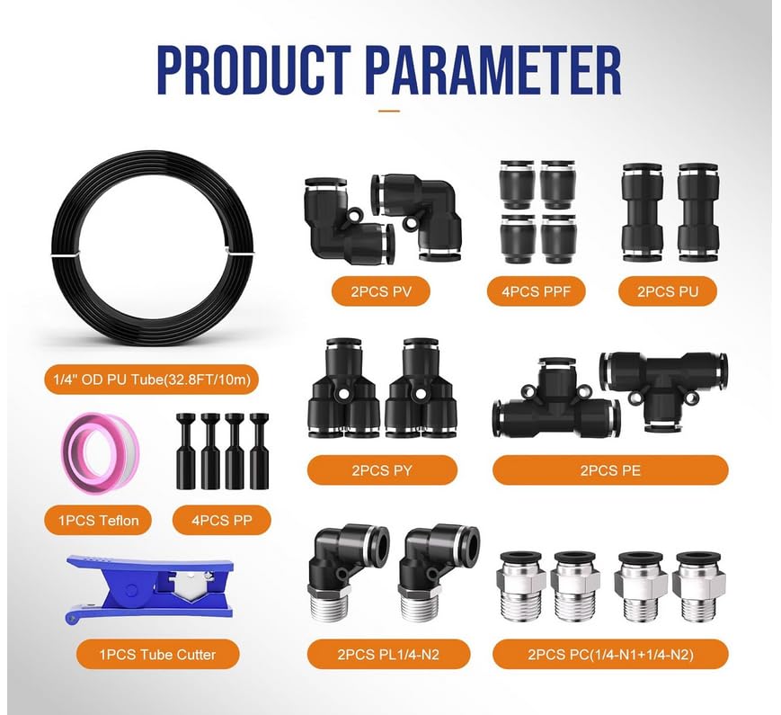 ECOVERVE PU Airline Tubing with Push-to-Connect Fittings, Compressor Tube Repair Kit for Pneumatic Tools, Air Compressors, Automobiles 3/8''OD with Connectors - style: 3/8''OD with Connectors