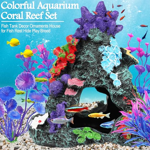 MyLifeUNIT Fish Tank Decorations, 7 Pieces Aquarium Plants Set with Coral Reef Decoration Mountain Cave Ornament for Betta, Goldfish, Shrimp to Breed, Play and Rest (Purple) - color: Purple