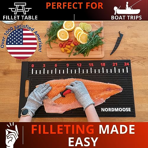 Fish Fillet Mat Kit with Fish Ruler Decal and Fillet Knife, Cutting Gloves. Large 28"x14" Nonslip Fish Cleaning Mat that Grips the Fish - Durable & Easy to Clean, Portable Fish Cutting Board