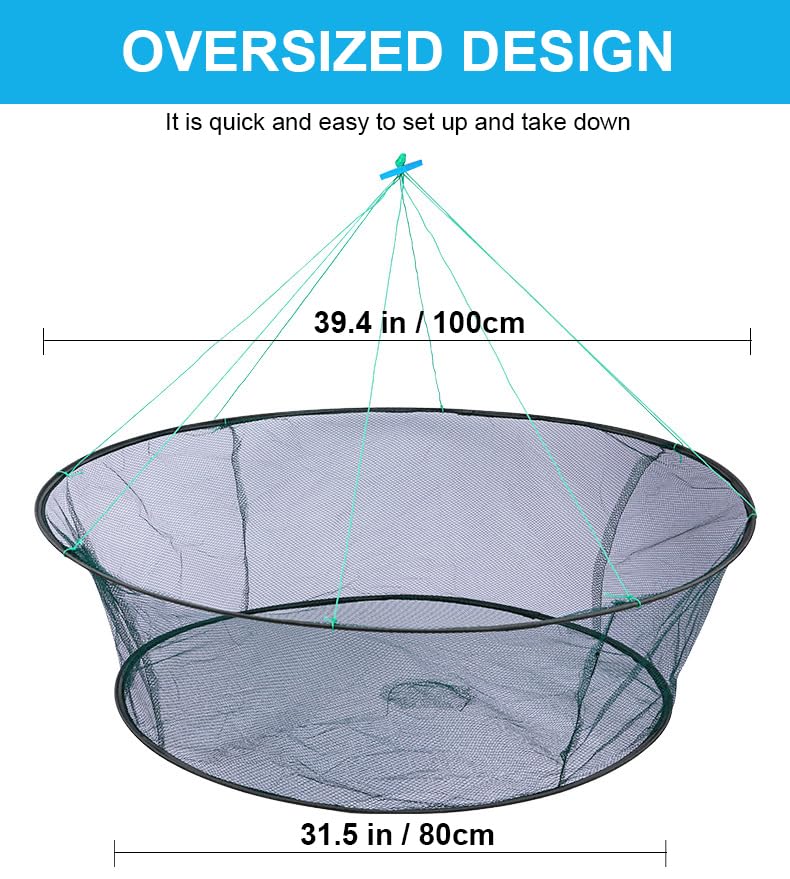 Foldable Fishing Net, Nylon Minnow Trap Crab Trap Crab Net, Drop Net for Pier Fishing, Drop Nets for Pulling Up Fish with Rope, Portable Bridge Fishing Nets for Minnows Crawfish Shrimp - size: 40inch