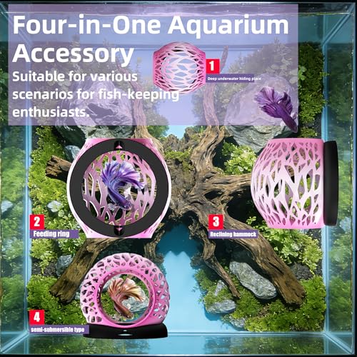 Floating Betta Hideout Cave & Shrimp Cave | Aquarium Floating Betta Skin |Shrimp Feeder | Multi-Function Resting Hideout Hammock & Small Fish Feeding Ring | Aquarium Decor Accessory (Pink) - color: Rainbow pink