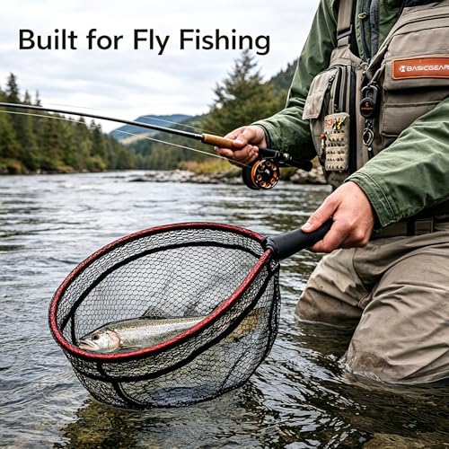 BasicGear Ultra-Light Aluminum Landing Net – Soft Mesh, Lightweight Frame, EVA Floating Non-Slip Grip, Anti-Loss Rope & Carabiner Clip, for Flying Fishing and Kayak Fishing