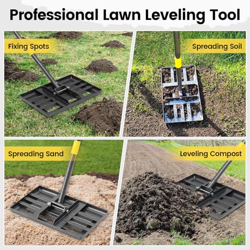 Lawn Leveling Rake, Heavy Duty 17"x10" Curved Ground Plate, 72" Long Handle Lawn Leveler Tool Landscape Rake for Compost Soil Dirt Sand Grass Peat Moss - style: 17X10" - 6FT