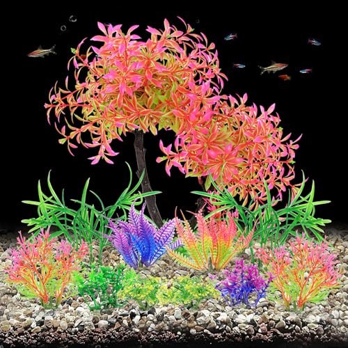 AQUANEAT Artificial Aquarium Plants, Fish Tank Pink Tree Decoration Set, Plastic Accessories, 11pcs - color: Pink