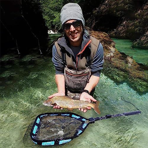 PLUSINNO Floating Fishing Net for Steelhead, Salmon, Fly, Kayak, Catfish, Bass, Trout Fishing, Rubber Coated Foldable Landing Net with Fixed or Telescoping Pole Handle, Fishing Gear and Gifts for Men - color: 2 Pack - 0.8M Blue