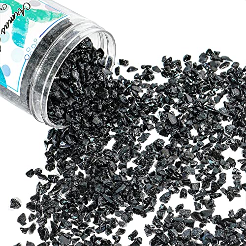 1.5 lb Black Crushed Glass for Resin Art and Crafts, 3-6mm Chunky Broken Glass Pieces, Solid Color Irregular Shards for Geode, Vase Filler, Aquarium Decor & DIY Crafts - color: Black
