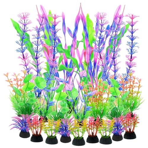 Aquarium Decorations Plants - 24pcs Colorful Artificial Aquariums Plant Decorations Plastic Aquatic Accessories Kit for Fish Tank Decor Betta Goldfish Turtle