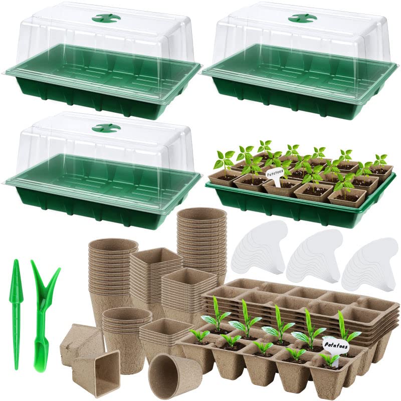 Hahood 4 Pack Seed Starter Tray Set Plants Growing Trays Peat Pots for Seedlings with Seed Starter Pots, Plastic Germination Tray, Plant Labels, Tool for Flower Vegetable Planting, Green - color: Green