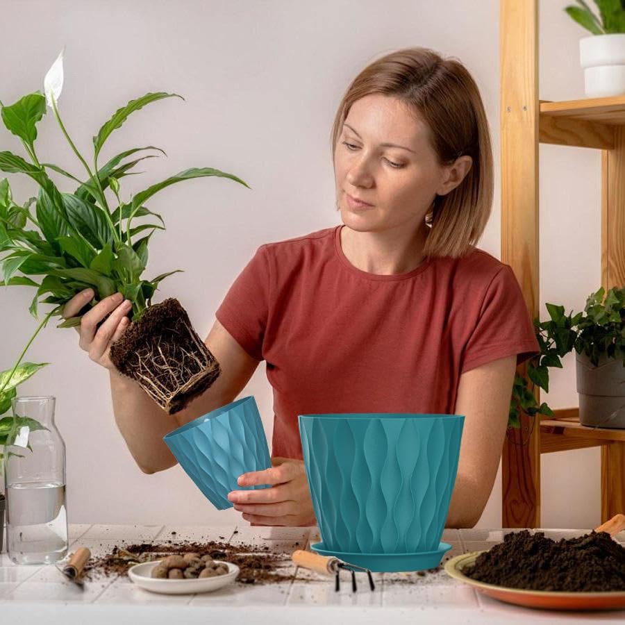 4/4.5/5/5.5/6/6.5/7 Inch Plant Pots,7 Pack Flower Pots with Drainage Holes and Trays,Plastic Planters for Indoor Outdoor Plants Growth,Green - color: Blue-green, size: 7+6.5+6+5.5+5+4.5+4inch