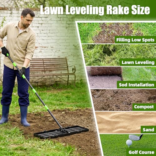 GARDTECH 30×10 Anti-Flip Lawn Leveling Rake,76” Adjustable Handle | Heavy Duty Stainless Steel,2mm Plate, for Topdressing, Sandbox, Garden Beds, Lawn Repair,Dog Spots