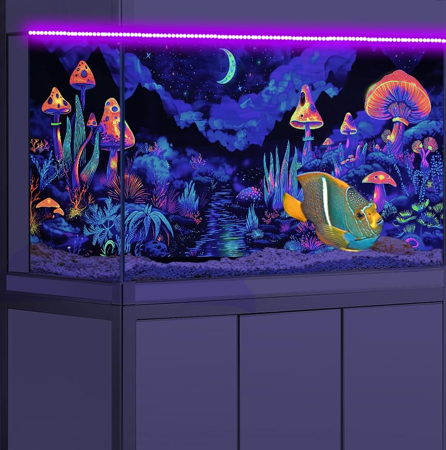 24X16IN Blacklight Mushroom Flower Black Light Aquarium Background, UV Fish Tank Background Moonlight Mountain Forest Landscape Terrarium Background with 10 EVA Double-Sided Tape - size: 24X16in/60X40cm