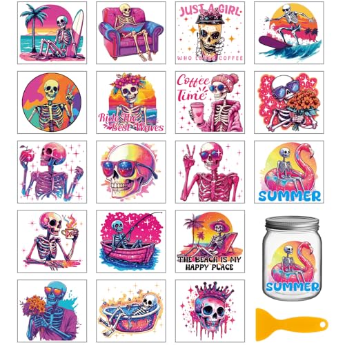GLOBLELAND 18 Sheets 3.9x3.6inch Summer Skeleton Rub on Transfer Colorful Gothic Skull Vase Home Decals Summer Beach Cup Transfer Stickers for Halloween Furniture Vase Glass Art Crafts Decorations - style: Summer Skeleton