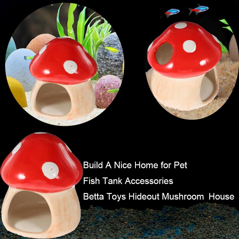 Ceramic Fish Tank Decor, Mushroom House Aquarium Decorations, Cute Betta Bed Tank Ornament, Shrimp Toad House for Goldfish, Cichlid, Betta Sucker Fish Hideout Cave - Red - color: Red