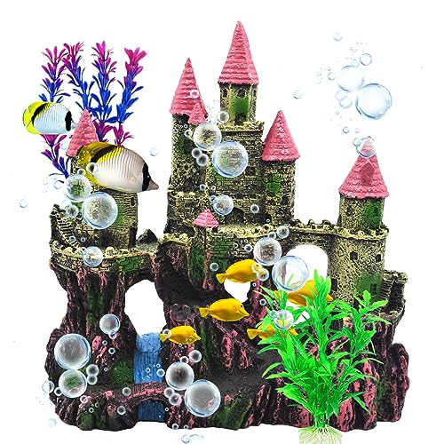 Aquarium Castle Decorations, Resin Castle for Fish Tank with Randomly Color Plants Decor Accessories for Freshwater and Saltwater Fish Tanks (Pink) - color: 【pink】