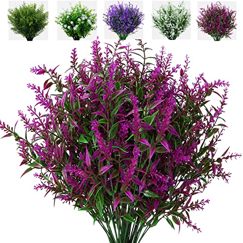 XLFAQXM 8 Pack Artificial Plants Flowers Grass Shrubs Lavender No Fade Faux Plastic Flowers Outdoor for Farmhouse Garden Porch Patio Indoor Wedding Decoration Greenery Fake Plants uv Resistant - color: 7#