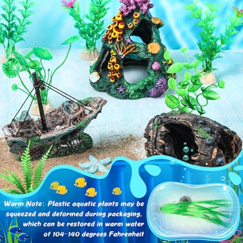 15 Pcs Fish Tank Decorations Mountain Ornament Broken Barrel Sunken Ship Artificial Seaweed Water Plants Colorful Coral Reef for Fish Bowl Aquarium Decor (Green) - color: Green