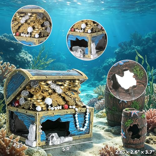 Aquarium Decorations Set with Treasure Chest, Castle, Resin Barrels and Bonsai Tree, Fish Tank Ornaments, Fish Shrimp Cave Hide for Fish Tank