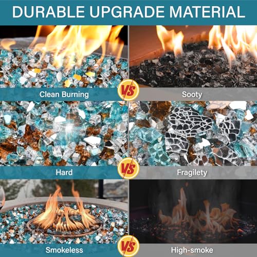 NUPICK 10 Pound Fire Glass, 1/2 Inch Reflective Fire Pit Glass, Tempered Firepit Glass Rock for Propane or Natural Gas, Glass Rocks for Fire Pit Table or Fireplace, Aqua Blue & Copper & Platinum Mix - color: Aqua Blue & Copper & Platinum Mix, size: 10 Pou